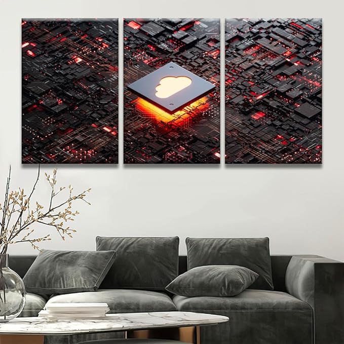 LSIUHWUWI 3 Panel Modern Wall Art CPU Cloud Computing Pictures Print on Canvas Wall Art for Bedroom Living Room Home Office Wall Decorations Framed Ready to Hang 16x24inchx3