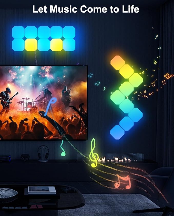 Hexagon LED Panel Lights 12PCS, Smart RGB IC Gaming Wall Lights DIY Panels Work with Alexa Google Assistant, Square Cube Sync with Music App Control for Gaming Setup Room Decor Bedroom TV Gamer Gifts