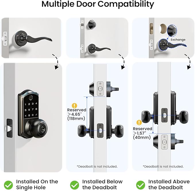 Veise VE018 Smart Knob Handle Lock - Fingerprint, App Control, Keyless Entry for Front Door and Bedroom, Electronic Digital Keypad, Auto Lock, Remote Access Sharing, IP55 Weatherproof, Matte Black