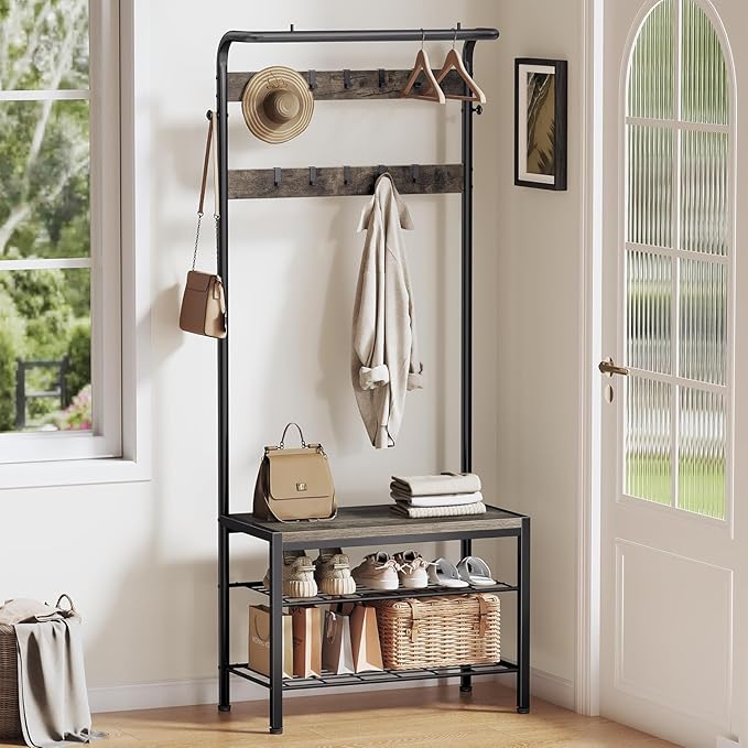 NEWBULIG Hall Tree with Shoe Bench and Coat Rack, 4-in-1 Entryway Organizer with 10 Hooks and Storage Shelf, Rustic Wood Finish Entryway Bench for Mudroom, Living Room, Bedroom