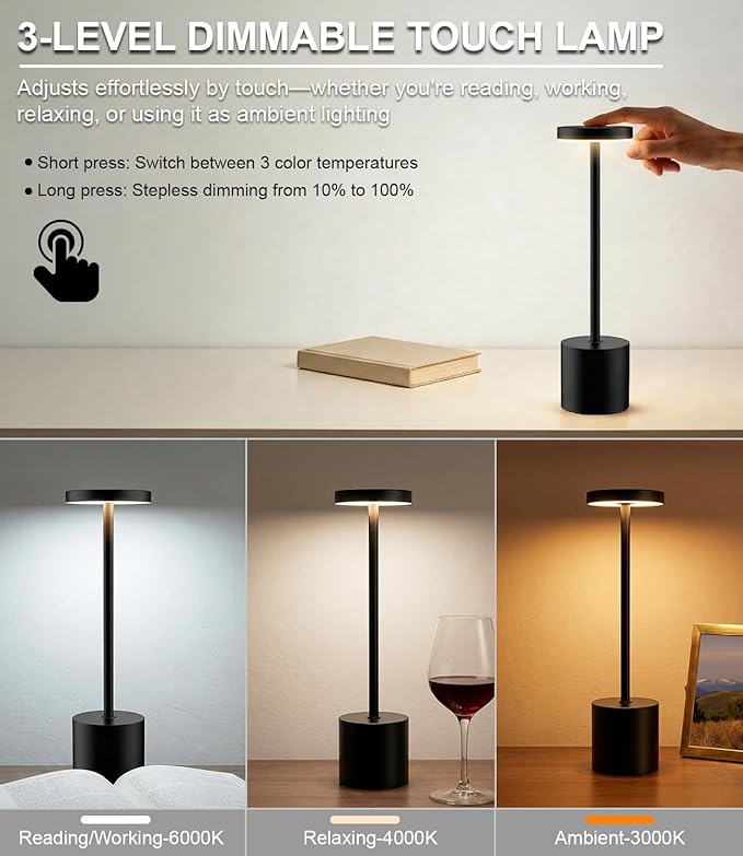 Black Cordless Table Lamp, Rechargeable 5000mAh Battery Powered Wireless Table Light, 3 Color Dimmable Lighting, Patio Outdoor Table Lamp, Bedside Night Lamp, Ambient Light for Dining