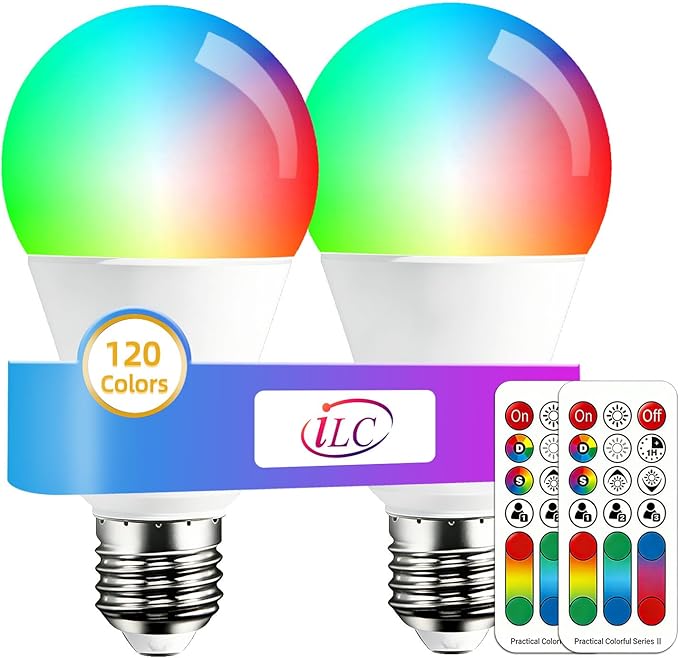 ILC Color Changing LED Light Bulb, 120 Colors, 2700K Warm White, 70 Watt Equivalent, DIY Strobe, RGB with Remote Control, LED 10W A19 E26 Screw (Pack of 2)