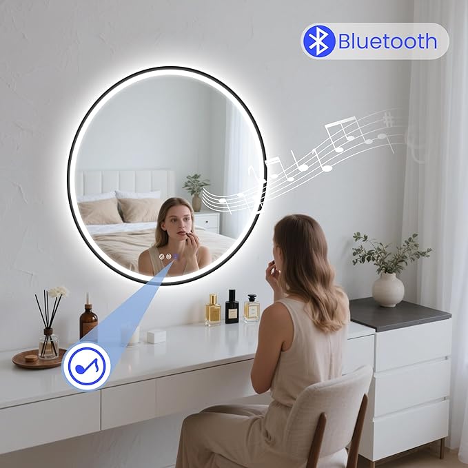 STARLEAD 24" Black Frameless Round LED Bathroom Mirror with Bluetooth Speaker, Dimmable Lighting, 3 Color Modes, Anti-Fog, Touch Control Wall Mounted Vanity Mirror