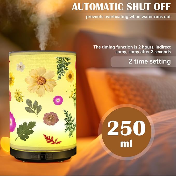 Essential Oil Diffuser Flower Humidifiers Lamp, 250ml 7-Color LED Aromatherapy Diffuser with 3 Mist Modes Auto-Off Floral Night Light Gift for Women Mom Home Office Desk Decor