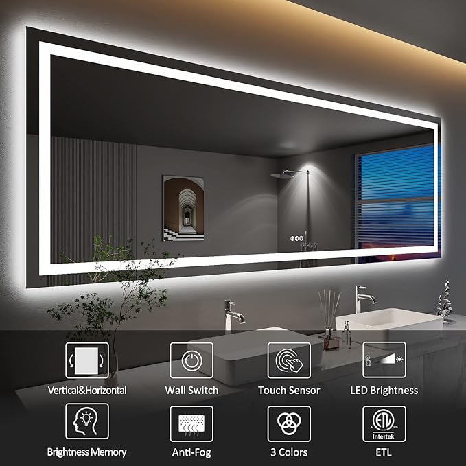 Amorho LED Bathroom Mirror, 96" X36" with Front and Backlight, Large Dimmable Wall Mirrors with Anti-Fog, Shatter-Proof, Memory, 3 Colors, Double LED Vanity Mirror, ETL Listed
