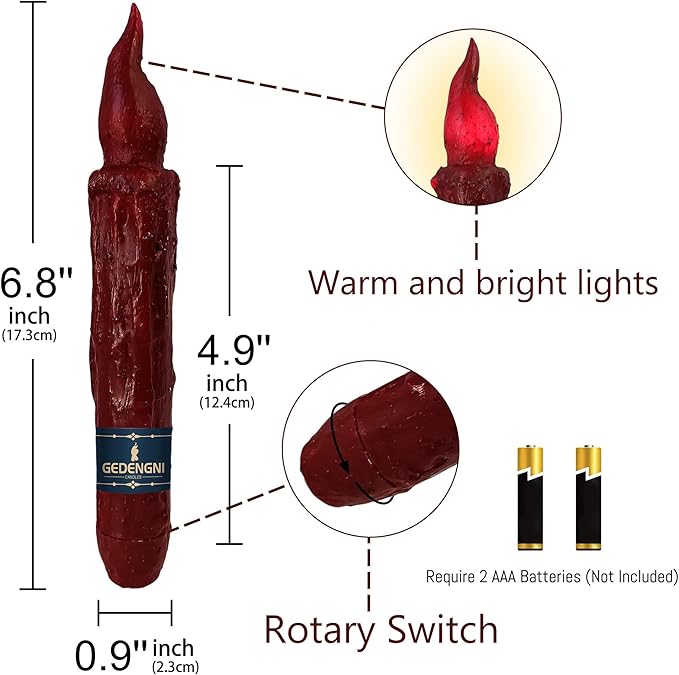 Magical Candlesticks Flameless Taper Candle, 2pcs Red LED Tapered Candles Remote Dipped Candle 6inch Battery Chandelier for Enchanting Weddings and Harry Potter Inspired Vigils(LW4P-RE)