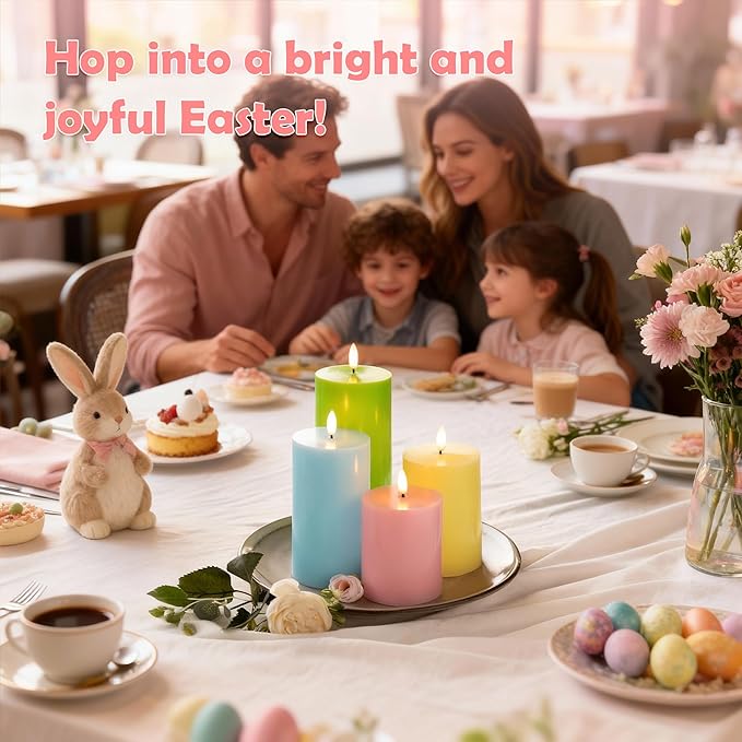 Flameless Easter Candles, 4 Pack Pastel Battery Operated Candles with Remote, Real Wax Electronic LED Fake Candles Easter Table Centerpiece Party