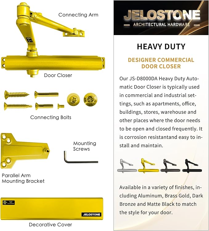 Heavy Duty, Commercial Door Closer D8000DA, ANSI Grade 1, UL 3 Hour Fire Rated, ADA Compliant, Delayed Action, Adjustable Spring Size 1-6 for Doors(44-330LB/30-60 in), Indoor/Outdoor (Brass Gold)