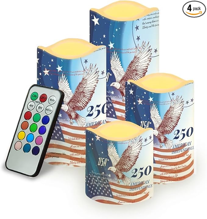 American Flag Electric Candles Bald Eagle Independence Day Flameless LED Candles Battery Operated with Remote 250th Anniversary Flickering Candle for American Holiday, 4 Pack