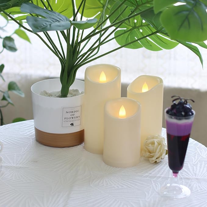 CANDLE CHOICE Outdoor Battery-Operated Flameless Candles with Remote Timer Waterproof Flickering Plastic Electric LED Pillar Lights for Lantern Patio Garden Wedding Halloween Christmas 3x5,6,7” 3 Pack
