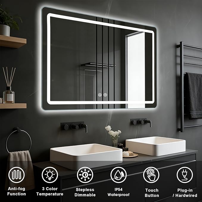 LED Bathroom Mirror, 48 x 36 Inch Anti-Fog Wall Mirror with Lights Stepless Dimmable, Lighted Bathroom Mirrors for Wall, Rectangle Bathroom Vanity Mirror with Front and Backlight, Horizontally Only