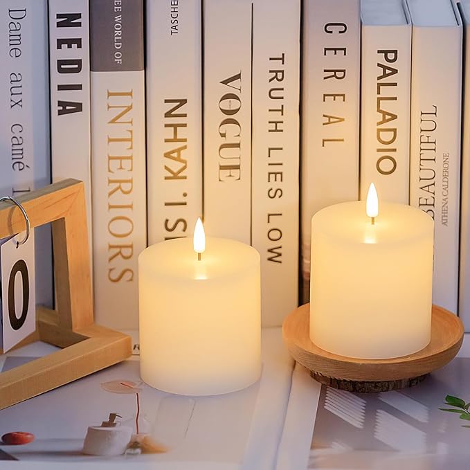 White Flameless Candles Set of 3 (3x3 inch) Real Wax Flickering LED Candles Battery Operated with Remote Control Timers for Fireplace Bedroom Livingroom Party Dimmable Pillars Flat top