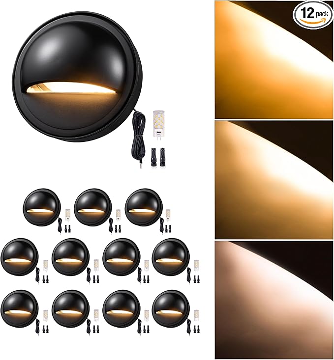 Gardenreet Landscape LED Step Lights - Solid Brass Low Voltage Deck Lights, Outdoor 12V Hardwired IP65 Waterproof Black for Wall Garden Stair with 3W Adjustable Warm & Neutral White G4 Bulb 12 Pack