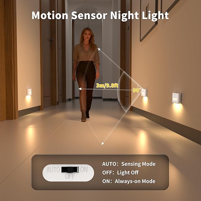 WOBSION Rechargeable Wireless Motion Sensor Stair Lights, Stick-On Wall Light with Dual Independent Lights, 3 Color Temperatures & Dimmable for Stairs,Hallway,Closet,Cabinet,Bedroom,White