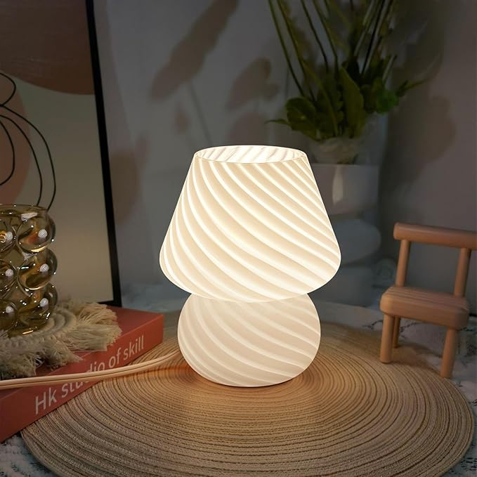 ONEWISH Mushroom Lamps Set of 2 - Small Bedside Table Lamp with Striped Glass, Nightstand Lamp for Bedroom, Living Room, Bulb Included(White)
