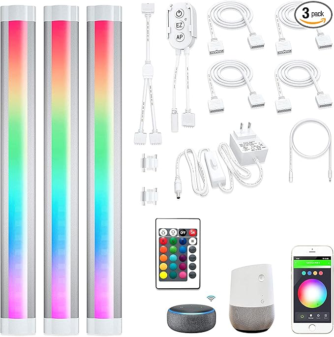 RGB Under Cabinet Lighting Strips Plug in LED Closet Light with Alexa,Google Home,Smart APP,Remote Control,12V Under Counter Light Fixtures Dimmable for Kitchen,Shelf,Linkable Light Bars,3pcs