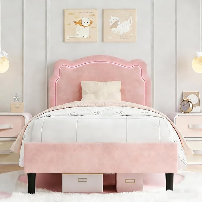 GarveeHome Twin Upholstered Smart LED Bed Frame with Headboard, Velvet Princess Platform Bed Frame for Kids, Wooden Slats Support, No Box Spring Needed (Rose)
