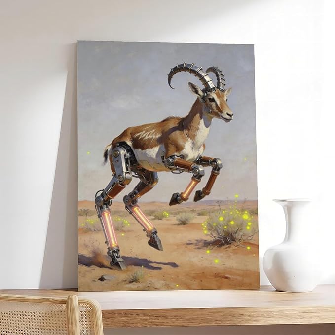 Framed Steampunk Mechanical Antelope Wall Art - Desert Futuristic Poster for Loft Living Room Decor 12x18inch(30x45cm)
