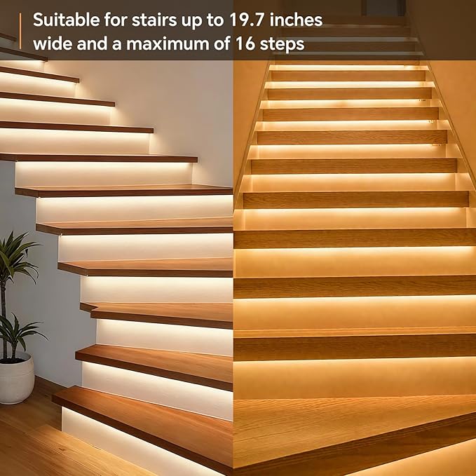 Indoor LED Stair Light Motion Sensor Complete Set Stair Running Light with COB LED Strip Light Cascading Stairwell Staircase Lighting Under Tread Lights with Remote for New Construction