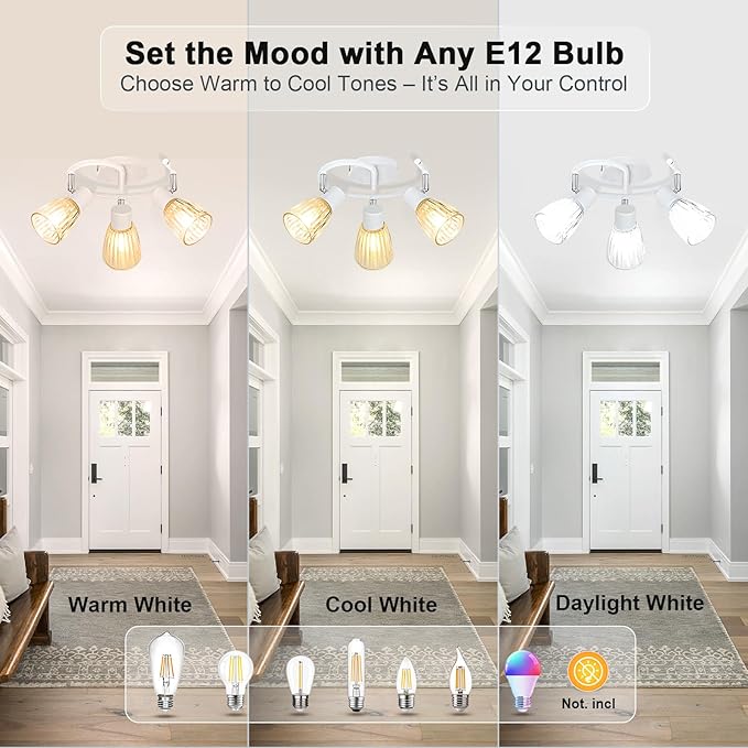 HiBay 3-Light Track Lighting White, Directional Modern Ceiling Light Fixture w/Glass Shades, Flush Mount Ceiling Spotlight Indoor for Kitchen, Bedroom, Living Room, E12 Base, No Bulbs