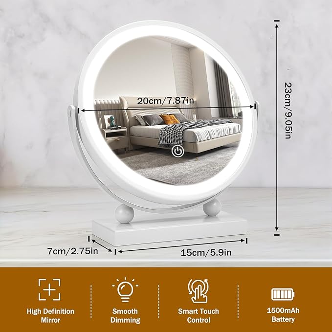 Travel Makeup Mirror, 9" Small Vanity Mirror with Lights, 1500mAH Battery, 3-Color Lighting, Dimmable, 360° Rotation, Round Portable Desk Mirror, Travel Essentials (White)