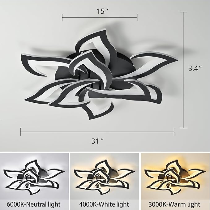 HuixuTe 31" Black Modern Geometric Dimmable Ceiling Light Fixture, 9 Leaves Low Profile Flush Mount Ceiling Light for Kitchen, Bedroom, Living Room