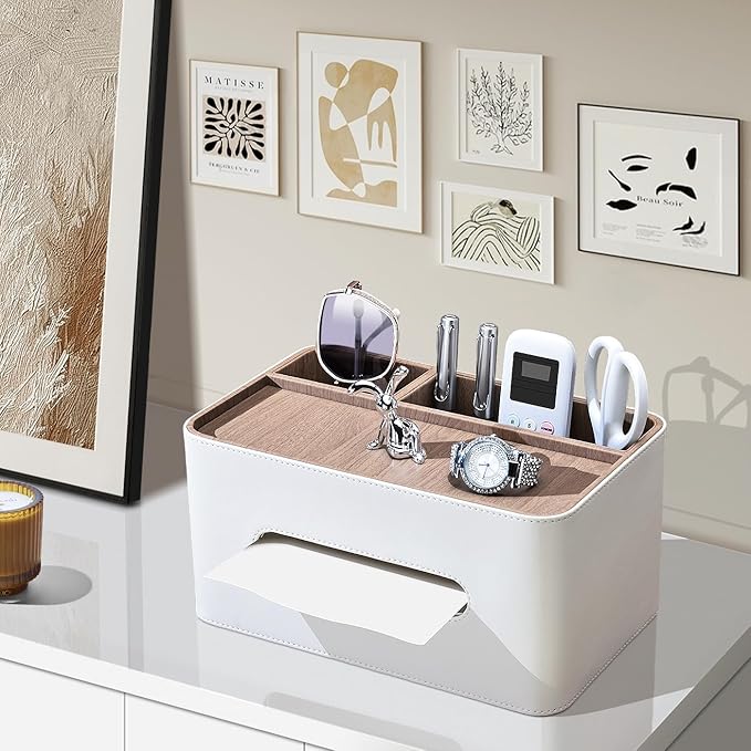 PU Leather Tissue Box Cover Rectangular with Storage Organizer, Multifunctional Remote Control Holder, Desk Organizer for Living Room, Bedroom, Office, Decorative Tissue Holder with Compartments Beige