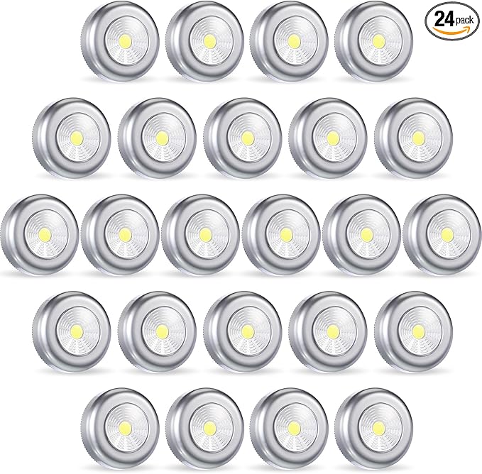 Macarrie 24 Pack Push Tap LED Puck Lights, 2.68" Mini Wireless Touch Night Light, 60 Lumens Battery Operated Stick on Lights for Under Cabinet, Kitchen Counter, Closet & Wall(Silver)