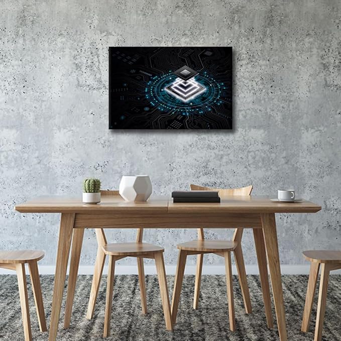 TUMOVO CPU Concept Wall Art Painting on Canvas Technology Digital Art Bedroom Wall Art Modern Home Decor Computer Chip House Decorations for Living Room Pictures Stretched Frame, 18x12in