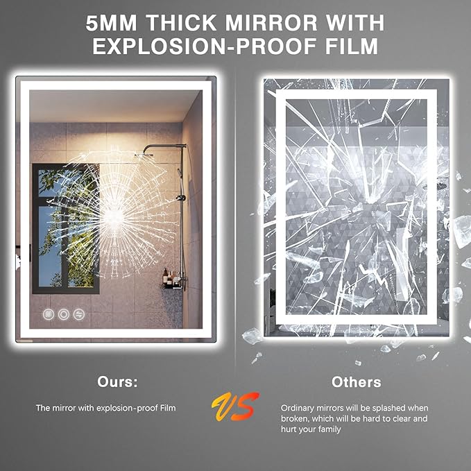 Bathroom Mirror, 28"x 36" LED Mirrors with Anti-Fog, Stepless 3 Colors Temperature & Dimmable, Memory Tempered Glass Bathroom Mirrors for Over Sink, Vanity Mirror with Lights