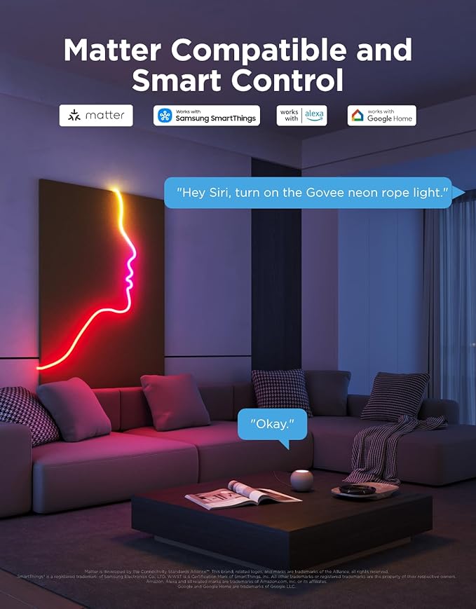 Govee RGBIC Neon Lights, LED Smart Neon Rope Light 2 Works with Matter, Alexa, Google Assistant, Custom DIY Neon Strip Lights for Bedroom and Wall Decor, Softer Material, 16.4ft, White