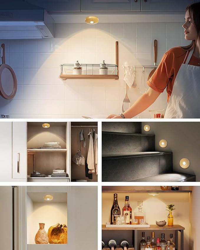 Rechargeable Puck Lights With Remote Control, 1500mAh Battery Operated Tap Lights, Dimmer & Timer Under Cabinet, Wireless LED Stick-On for Closet, Bedroom, Kitchen - Gold 3Pcs