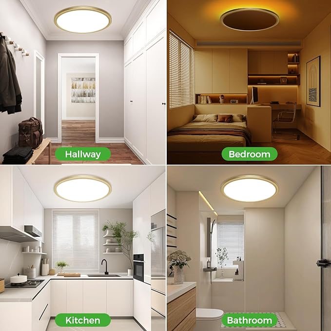 zemty 12 Inch LED Ceiling Light with Night Light 1800K, 3000K/4000K/6500K Dimmable Fixture with Remote Control, Low Profile Lighting for Bedroom Living Room Kitchen - Gold