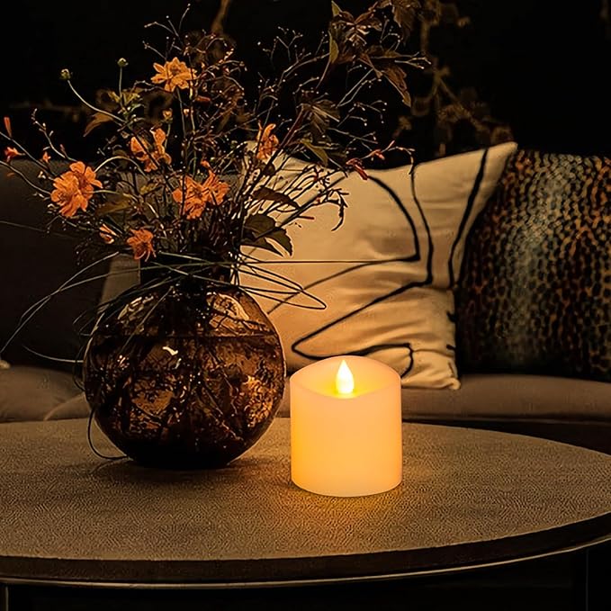 3x3 Flickering Flameless Candles Set of 1, 2AA Battery Life 600 Hours Battery Candles Flickering with Timer,3 inch Flameless Candles with Remote for Indoor/Outdoor, Ivory
