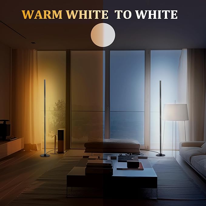 PMS 63“ Modern Metal Floor Lamp, Warm to White Color Changing Standing Lamp, Stepless Dimmable Brightness Corner Lamp with APP & Remote Control for Living Room, Bedroom, Office