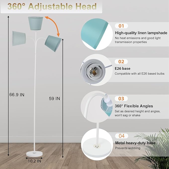 AoMck Floor Lamp, Industrial Metal Floor Lamps for Living Room with Adjustable Bendable 2 in 1 Reading Table Lamps for Living Room Bedroom Office (W+Green Shade)