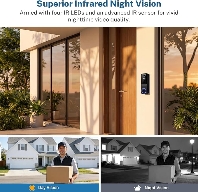 1080P Wireless Home Security Doorbell Camera with Receiver，AI Human Detection，Real-Time Alerts，2-Way Audio，Battery Powered，Night Vision，Cloud Storage, 2.4Ghz Wi-Fi