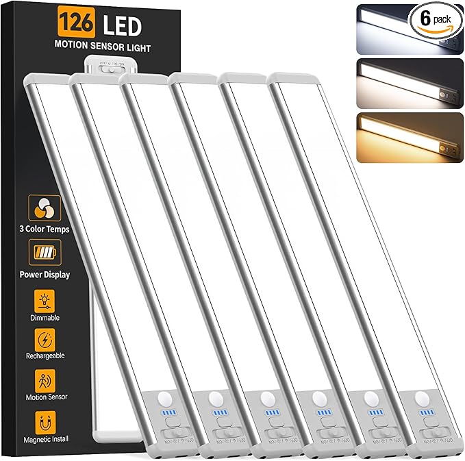 Under Cabinet Lighting Wireless, 15inch Rechargeable Motion Sensor Light Indoor, 3 Color Closet Light Battery Operated with LED Power Display, Magnetic Under Counter Lights for Kitchen, Home (6Pack)