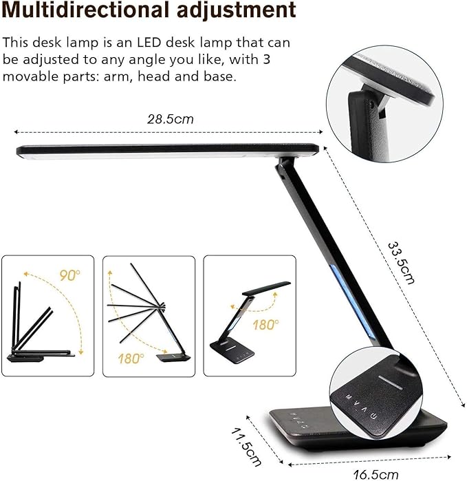 Desk Lamp with USB Charging Port,Wireless Charger LED Desk Lamp,Adjustable Foldable Table Lamp with Clock, Alarm, Date,5 Levels Dimmable Lighting,Home Office Lamp for Studying, Reading,Working (Black)