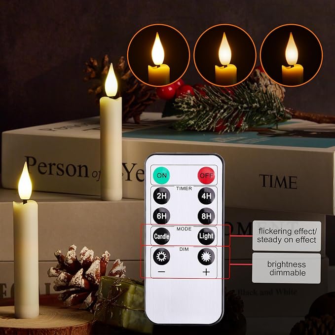 IMAGE 12Pcs LED Taper Candles Light Set Flameless 3D Wick Ivory Candles with Clip-on Christmas Tree Design, 10-Key Remote with Timer, Warm White Light, Battery Operated for Versatile Decoration