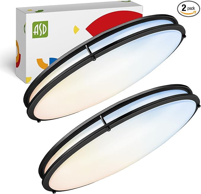 ASD LED 24" Oval Flush Mount Lighting, Close to Ceiling Light Fixture | 5CCT, Dimmable, ETL Listed | 38W 3289LM 2700-5000K 120V | Low Profile Double Ring Lamp | Black, 2 Pack