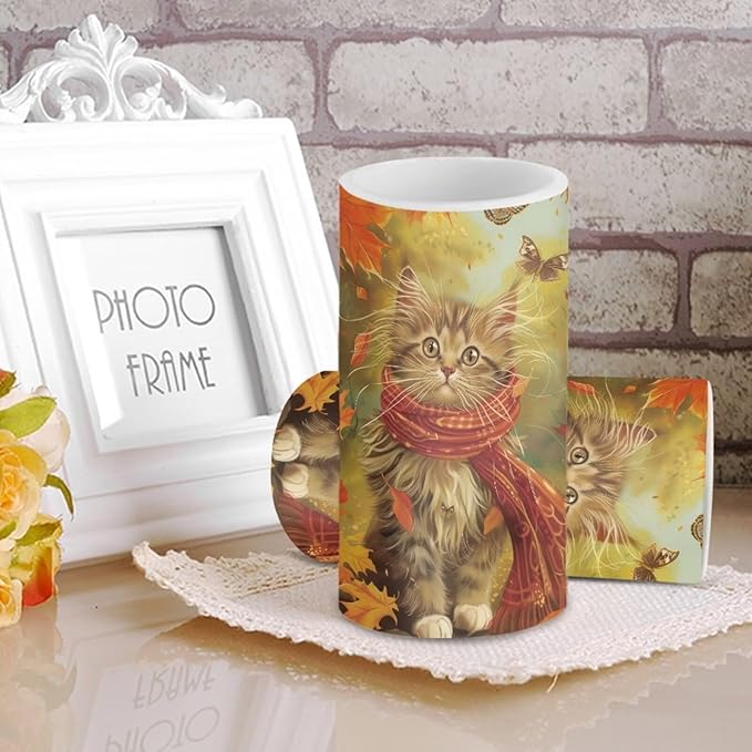 Cat Maple Leaf Battery Candles with Remote Control Fall Decor Flameless Candles Autumn Pillar Candle LED Fake Candles Color Changing for Thanksgiving Decorations Indoor Home Room Party