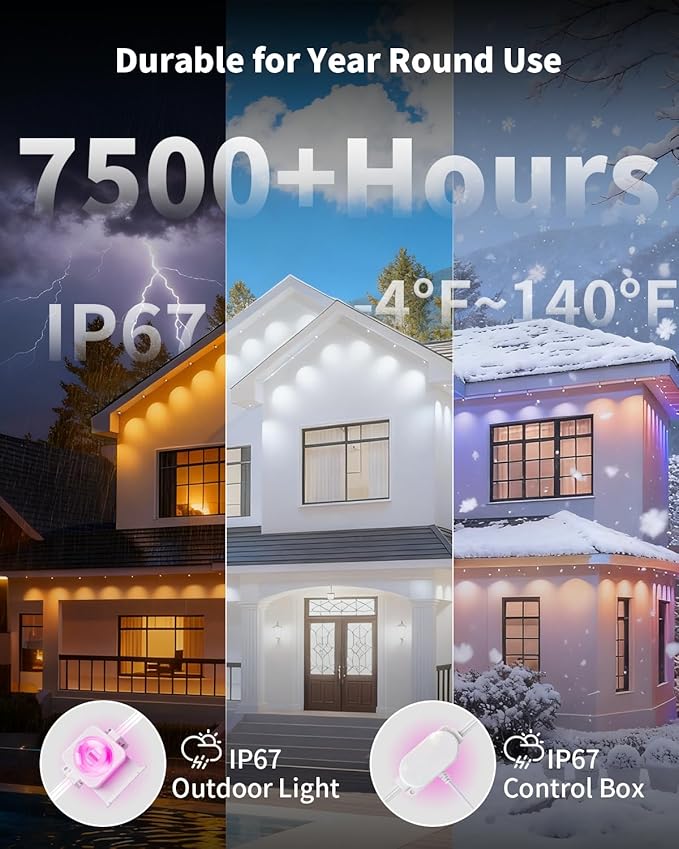 Permanent Outdoor Lights for House,200FT RGB IC Smart Permanent Eave Lighting with App/Remote Control,IP67 Waterproof,Music Sync,DIY Color Scenes,Year-Round Eaves Lighting for House Roof Decor