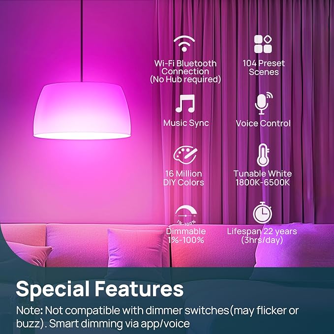 Linkind Smart Light Bulbs, 1600LM (100W Equivalent) Smart Bulb, Work with Alexa & Google Home, RGBTW Color Changing Bulb Music Sync, 2.4GHz Wi-Fi & Bluetooth, LED Alexa Light Bulbs 14W, A21 E26, 2Pack