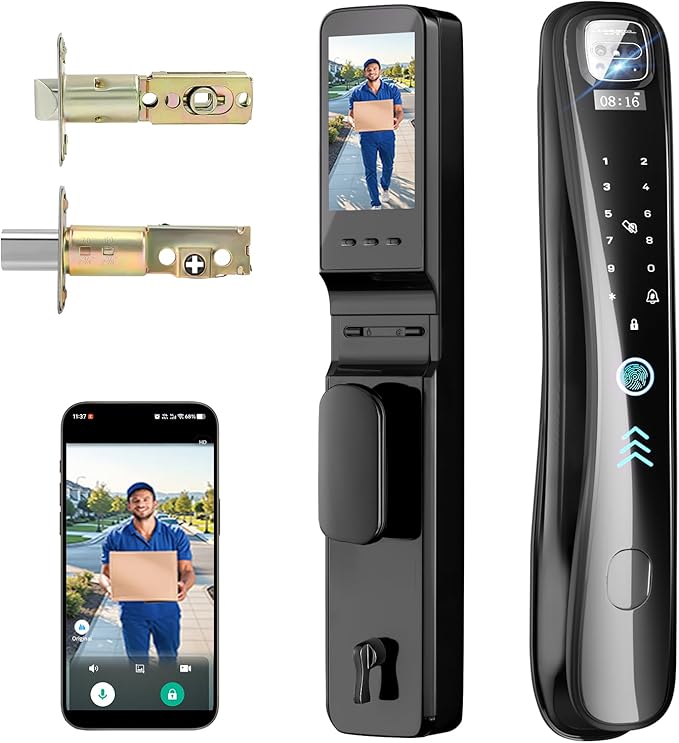 Smart Lock with Camera & Video Doorbell, 8-in-1 Keyless Entry Door Lock with Keypad, Smart Deadbolt for Front Door, Fingerprint Lock Built-in Wi-Fi, Voice Control & Remote Control, Two-Way Talk