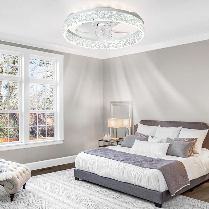 Depuley Ceiling Fans with Lights and Remote: 16" Modern Low Profile Flush Mount Ceiling Fan with App Remote Control - White Fandelier for Bedroom Living Room Kitchen Dimmable Quiet DC Motor