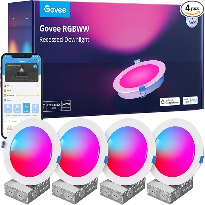 Govee Smart Recessed Lighting 6 Inch, Wi-Fi Bluetooth Direct Connect RGBWW LED Downlight, 65 Scene Mode, Canless Recessed Light Work with Alexa & Google Assistant with Junction Box, 1100 Lumen, 4 Pack