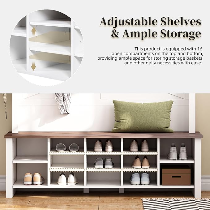 Farmhouse 4-in-1 Hall Tree with 6 Hooks, Practical Walnut Entryway Bench with Adjustable Shelves, Wooden Style Rustic Shoe Organizer with 16 Open Compartments for Mudroom, Living Room (White/8C)