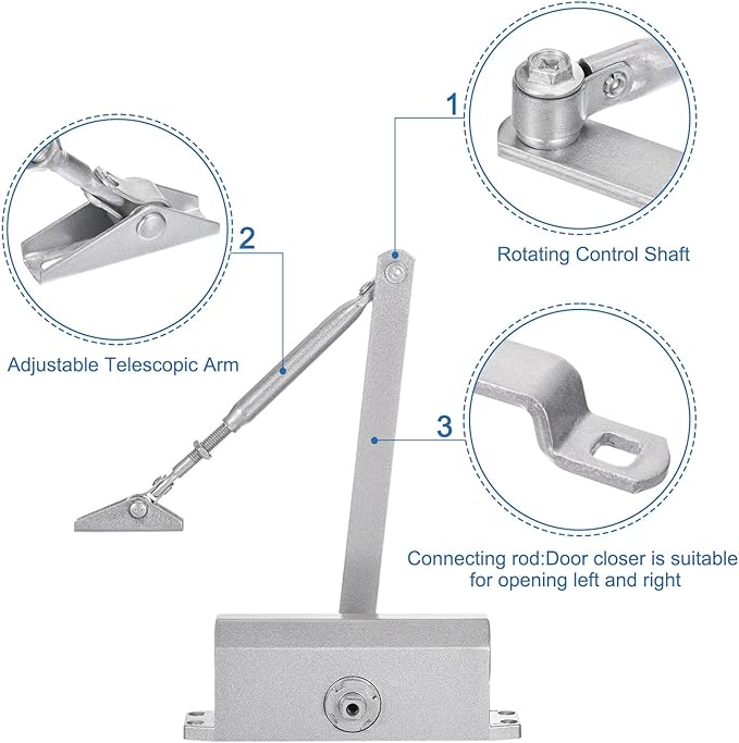 MECCANIXITY Door Closer Automatic Door Closer for 25-65kg Outdoor Internal Metal Wooden Doors,180D Spring Hydraulic Auto Door-Closer Automatic Adjustable Closer(Silver,Aluminum)