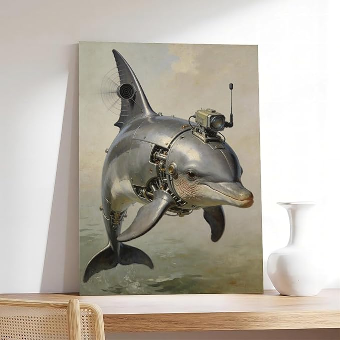 Framed Steampunk Mechanical Dolphin Wall Art - Marine Retro-Futuristic Poster for Beach House Living Room Decor 08x12inch(20x30cm)